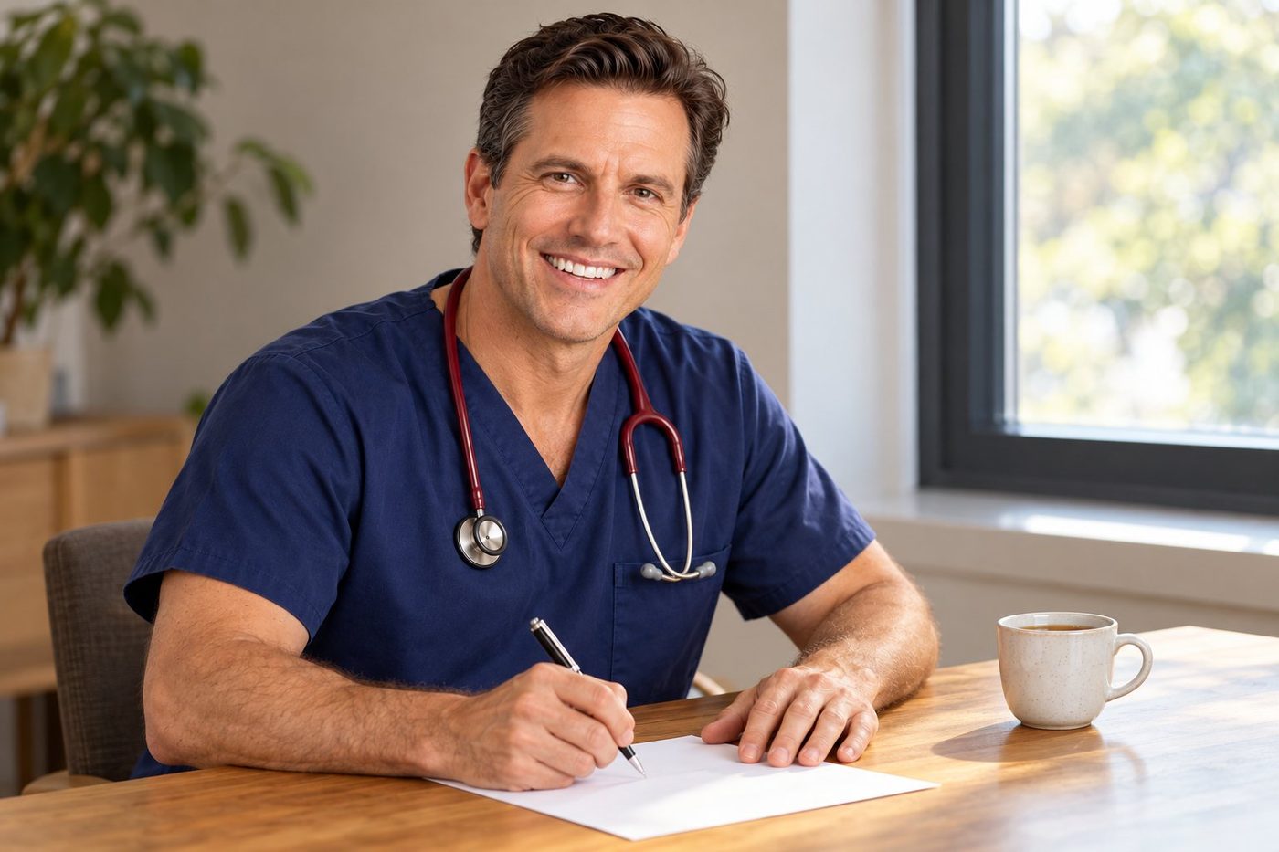 Dr. Edward Cooper, smiling, writing at a desk in navy scrubs with his stethoscope