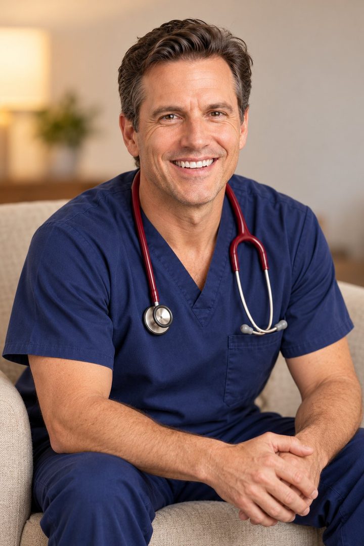 Dr. Edward Cooper, seated and smiling, in navy scrubs