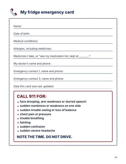 Page 114 of Your Health After 60: a fridge emergency card to fill in, with the signs that mean call 911